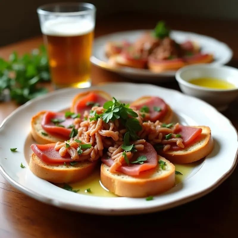 Plato de pringá sevillana servida sobre rebanadas de pan tostado dorado, con trozos de carne desmenuzada y perejil fresco espolvoreado. Receta tradicional andaluza de aprovecho.