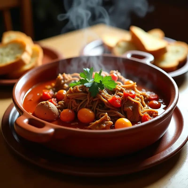 Cazuela de barro humeante con pringada de lomo desmenuzado en salsa espesa de pimentón, acompañada de pan rústico y perejil fresco, típica tapa andaluza tradicional.