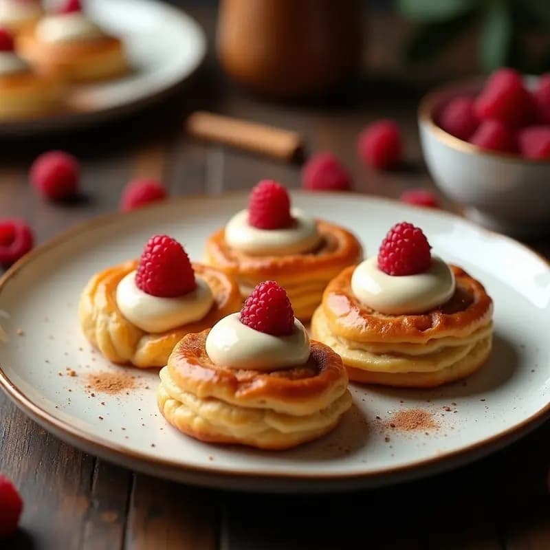 Profirolls de hojaldre dorados y crujientes rellenos de crema de avellanas cremosa y frambuesas frescas, postre francés sin azúcar sobre fondo blanco rústico.