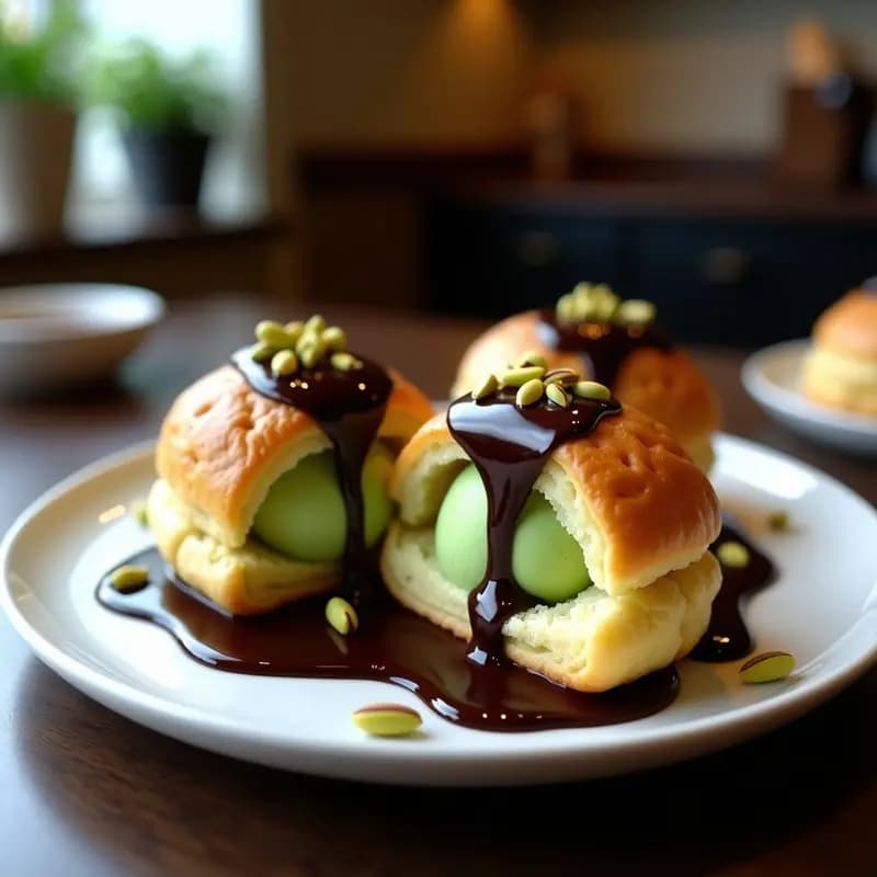 Profiteroles dorados y esponjosos rellenos de helado de matcha verde brillante, bañados con salsa de chocolate negro espesa, servidos en plato blanco sobre fondo oscuro. Postre francés gourmet elegante.