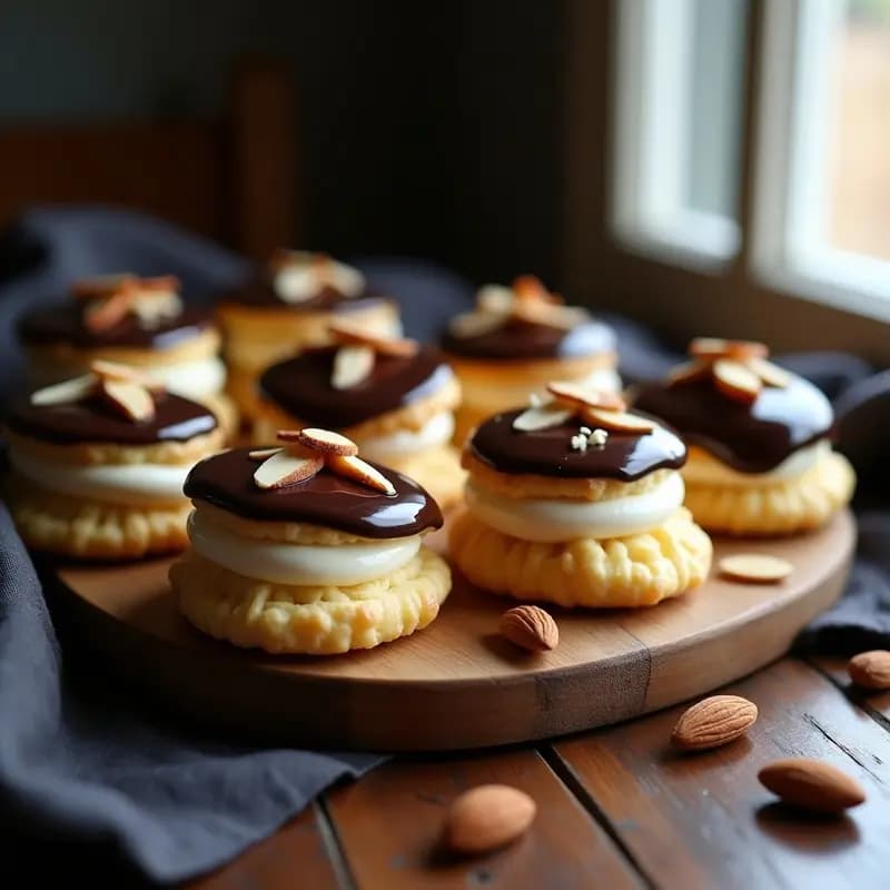 Profiteroles de queso de almendras y chocolate negro en bandeja de madera, con baño de chocolate brillante y relleno cremoso, postre francés sin gluten elegante y sofisticado.
