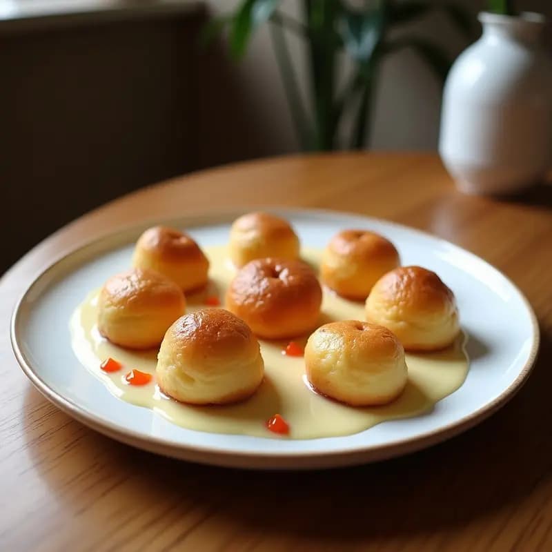 Profiteroles dorados y esponjosos de queso de almendras, rellenos de crema de vainilla vegana, servidos en plato blanco con decoración de azúcar glass y almendras fileteadas. Postre francés sin lactosa elegante y sofisticado.