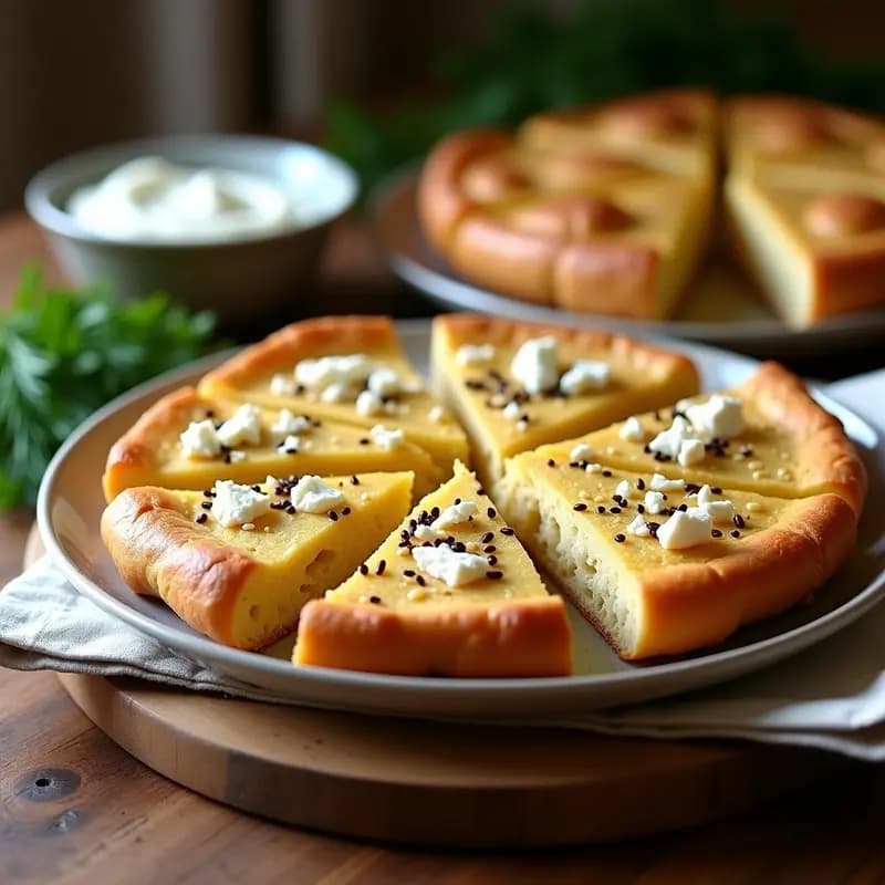 Proja serbia sin gluten horneada en molde rectangular, con corteza dorada y semillas de sésamo, rellena de queso feta desmenuzado y eneldo fresco, servida en tabla de madera rústica.