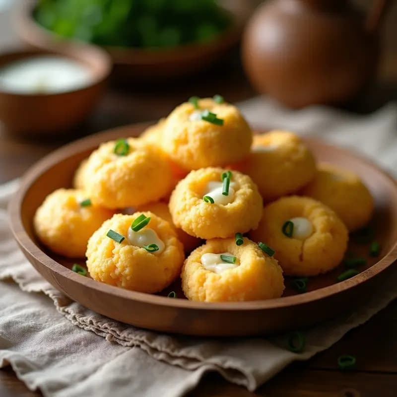Proja serbias de harina de maíz y queso blanco recién horneadas, doradas y esponjosas, dispuestas en una bandeja de madera con cebollino fresco espolvoreado por encima. Aperitivo tradicional balcánico.