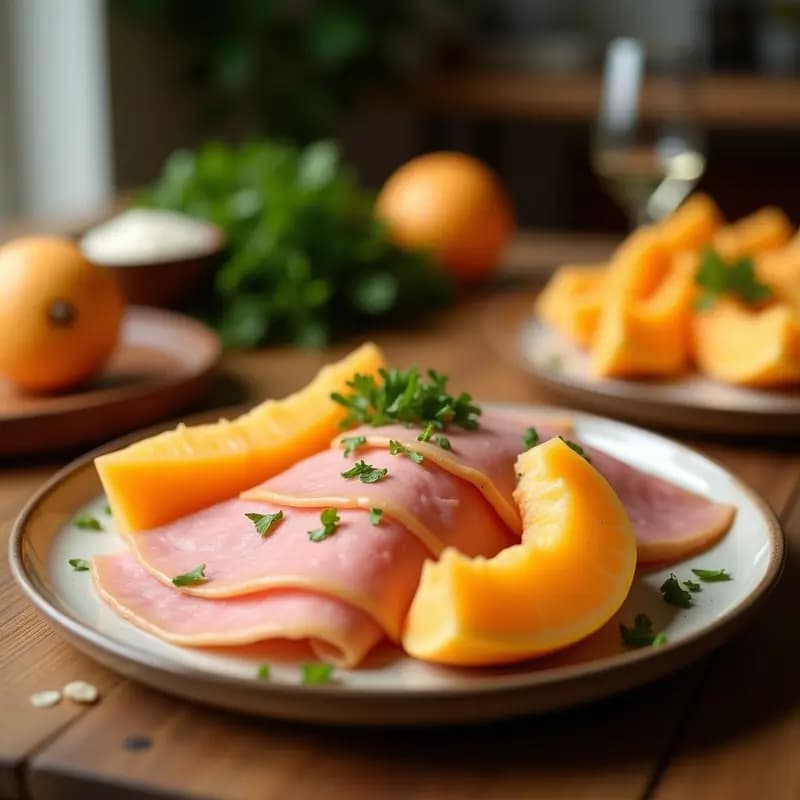 Plato blanco elegante con abanicos de Jamón Serrano y esferas de Melón Cantalupo, decorado con hojas de menta y hilo de vinagre balsámico, receta Prosciutto e Melone Italiano.