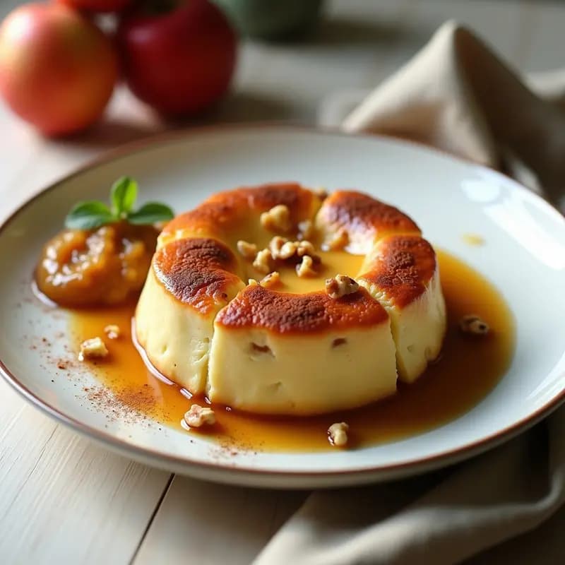 Proutine dorada y esponjosa con trozos de compota de manzana sin azúcar, decorada con nueces picadas y un toque de canela, servida en un plato rústico de cerámica blanca.