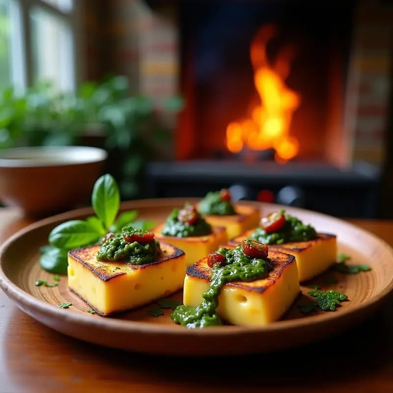 Plato de madera rústico con rodajas doradas de provoleta argentina gratinada, cubiertas con chimichurri verde vibrante y trozos de tomates secos rojos. Fondo borroso de parrilla humeante y hierbas frescas.