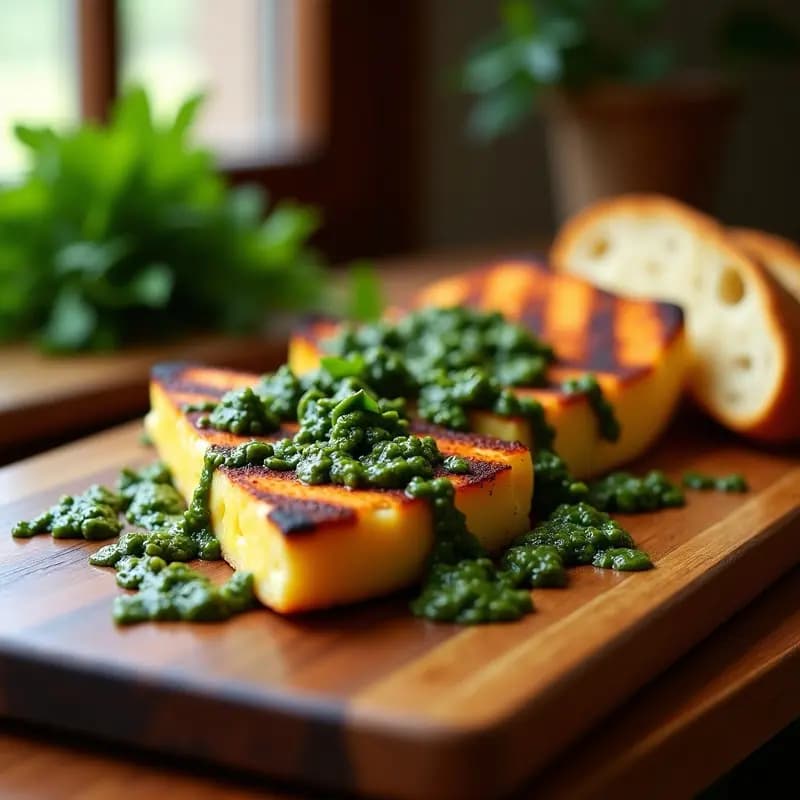 Rodajas doradas de provoleta ahumada a la parrilla cubiertas con chimichurri verde brillante, servidas sobre tabla de madera con rebanadas de pan ciabatta tostado al lado. Plato de aperitivo italo-argentino con texturas cremosas y frescas.