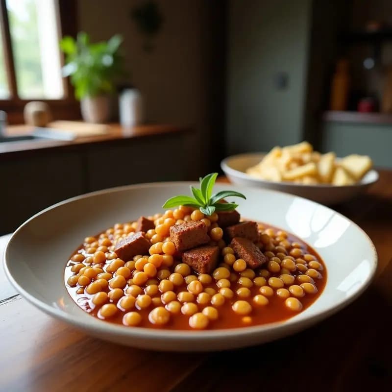 Olla de barro humeante con Pucheero Canario tradicional, llena de garbanzos, costillas de cerdo, morcilla, chorizo, patatas, batata, repollo y zanahorias, servida en un plato hondo de barro con caldo espeso y perejil fresco.