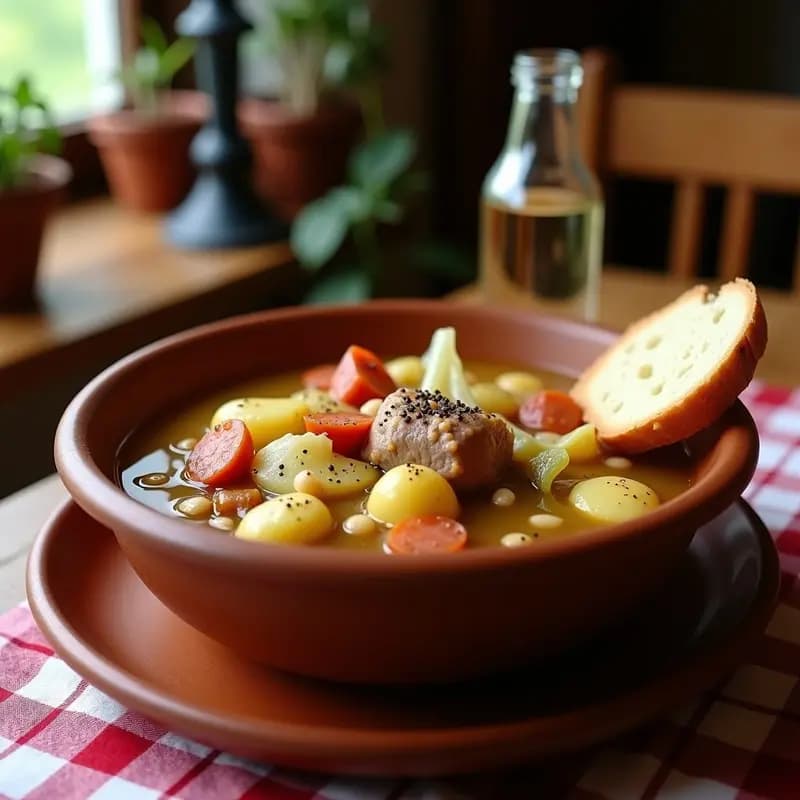 Plato hondo de barro con Pucheiro Gallego tradicional: trozos de lacón, repollo, patatas, alubias blancas y chorizo en un caldo dorado y aromático, servido con pan rústico al lado.
