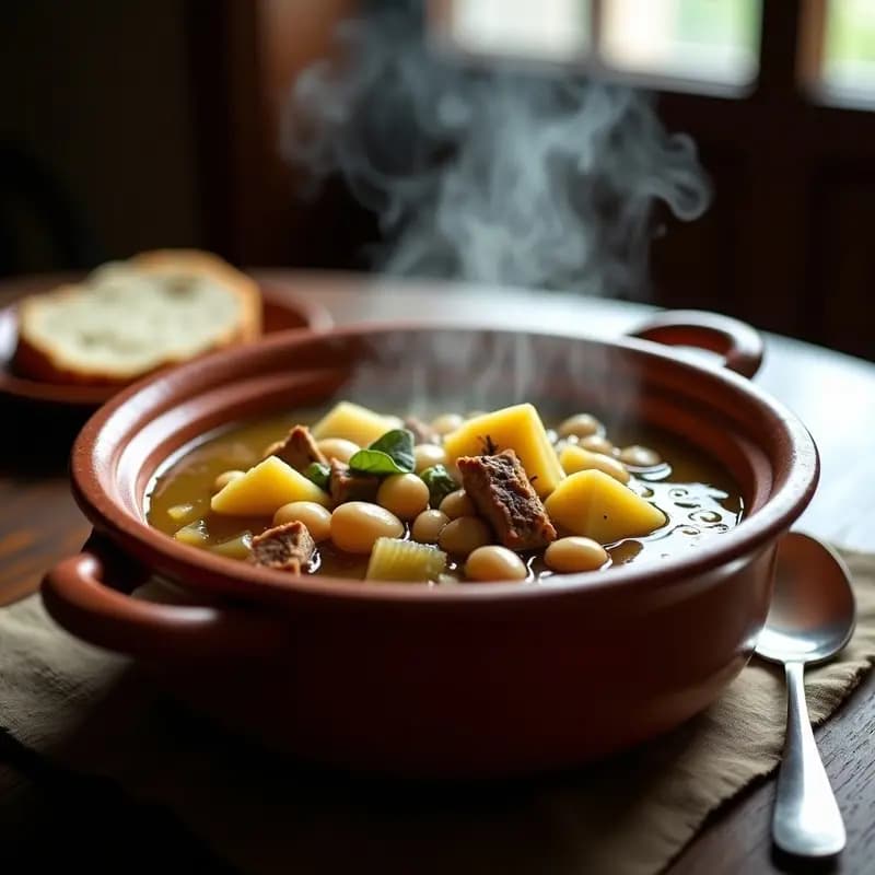 Olla de barro humeante con pucheiro gallego, lleno de alubias blancas, trozos de repolo, patatas, lacón y costilla. Plato rústico de invierno con toques dorados de grasa de cerdo.