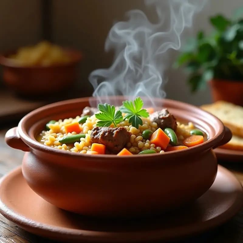Cazuela de barro humeante con pucheo murciano: trozos tiernos de cordero, arroz esponjoso y verduras de temporada como calabaza, judías verdes y patatas, decorado con perejil fresco.