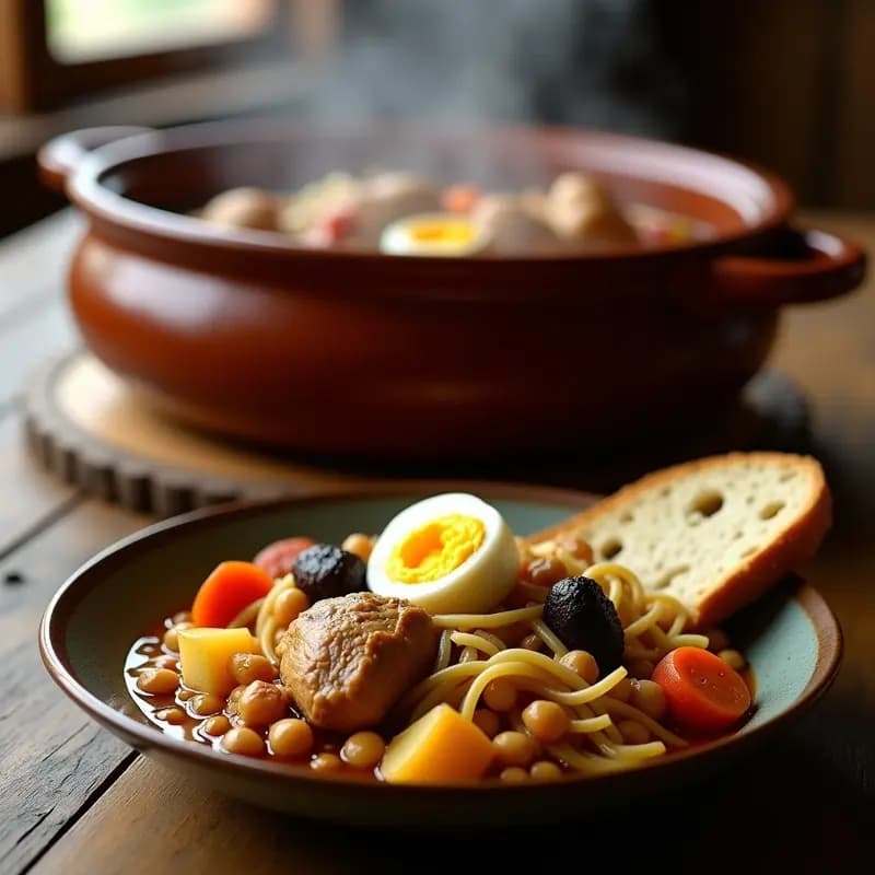 Olla grande de barro humeante con puchero andaluz: garbanzos, trozos de pollo, costillas de cerdo, chorizo, morcilla, patatas, zanahorias y repollo en un caldo dorado y espeso. Acompañado de huevo duro picado y fideos gruesos en un plato de cerámica rústica, sobre una mesa de madera con pan fresco.
