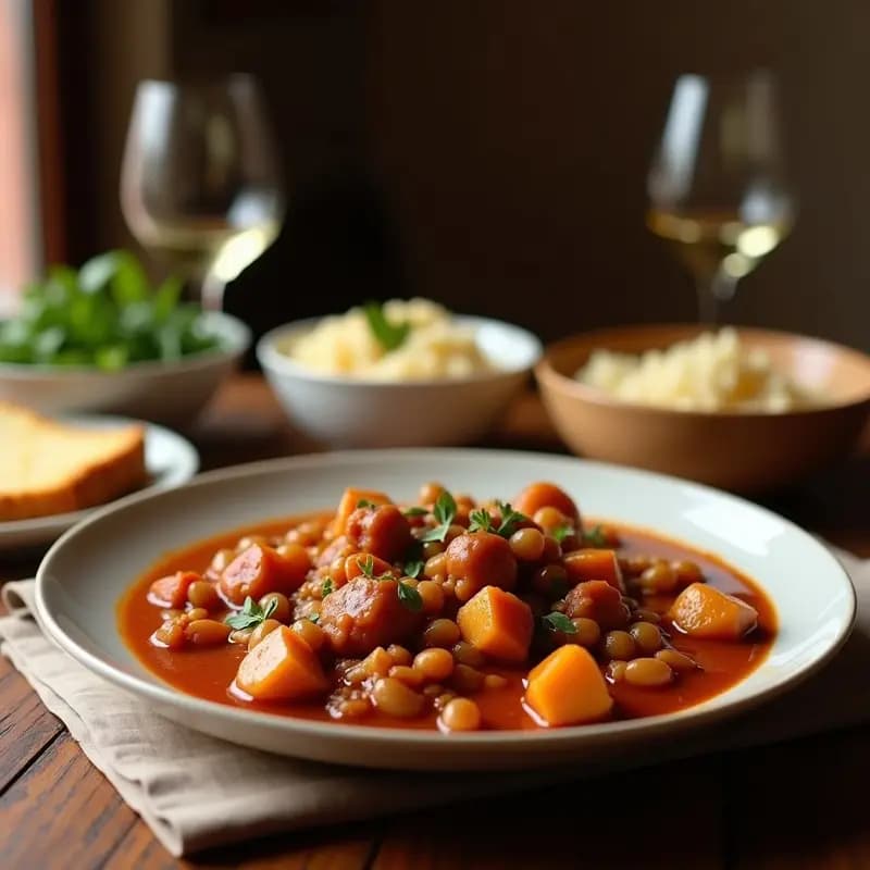 Plato hondo de barro con puchero andaluz tradicional: caldo dorado con fideos gruesos, trozos de patata, zanahoria, repollo, morcilla, chorizo, pollo y huevo duro. Receta de cocido para días fríos en olla exprés.