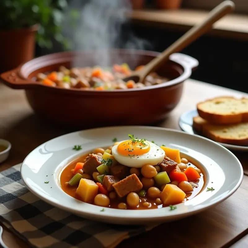 Olla grande de barro humeante con puchero andaluz: caldo dorado espeso lleno de garbanzos, trozos de costilla de cerdo, patatas, zanahorias y verduras, servido en plato hondo rústico con fideos y huevo duro. Receta tradicional de cuchara para compartir en familia.