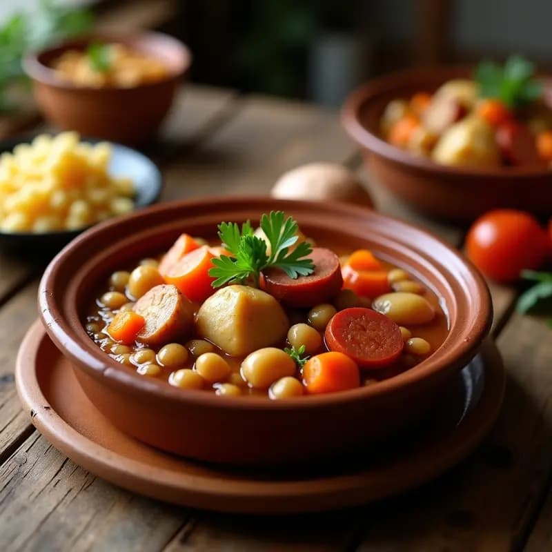 Cazuela de barro humeante con Puchero Andaluz: garbanzos tiernos, trozos de carne de cerdo, pollo y chorizo, acompañados de patatas, zanahoria y repollo. Plato tradicional español para compartir en domingo.
