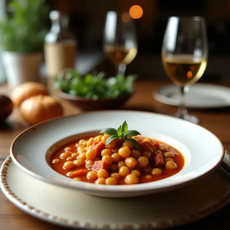 Olla humeante de puchero andaluz con garbanzos dorados, trozos de ternera tierna, zanahorias, patatas y repollo, servido en plato hondo rústico sobre mesa de madera.