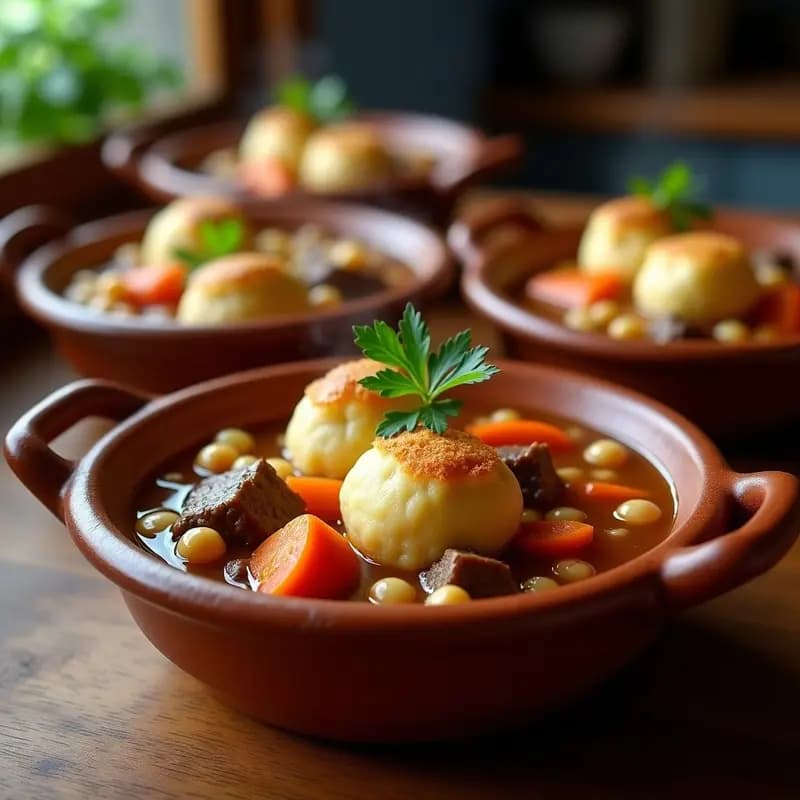 Olla de barro humeante llena de puchero andaluz con pelotas de pan doradas, trozos de carne, garbanzos y verduras variadas en un caldo dorado y aromático, servido en cuencos de barro rústico.