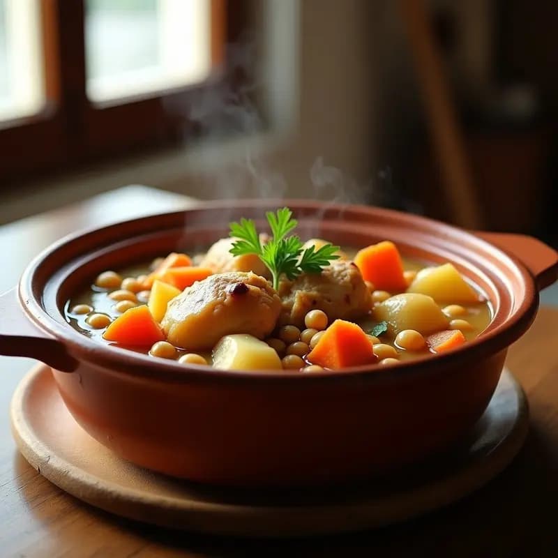 Olla grande de barro con puchero andaluz humeante, repleta de muslos de pollo dorados, zanahorias, patatas, repollo y garbanzos en un caldo dorado. Plato tradicional de días fríos.