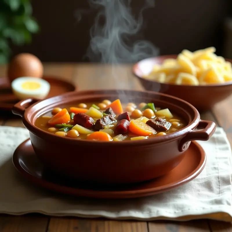 Olla de barro humeante con puchero andaluz tradicional: garbanzos, morcillo, chorizo, patatas, zanahoria y repollo en un caldo dorado, servido con fideos y huevo duro. Receta casera y reconfortante.