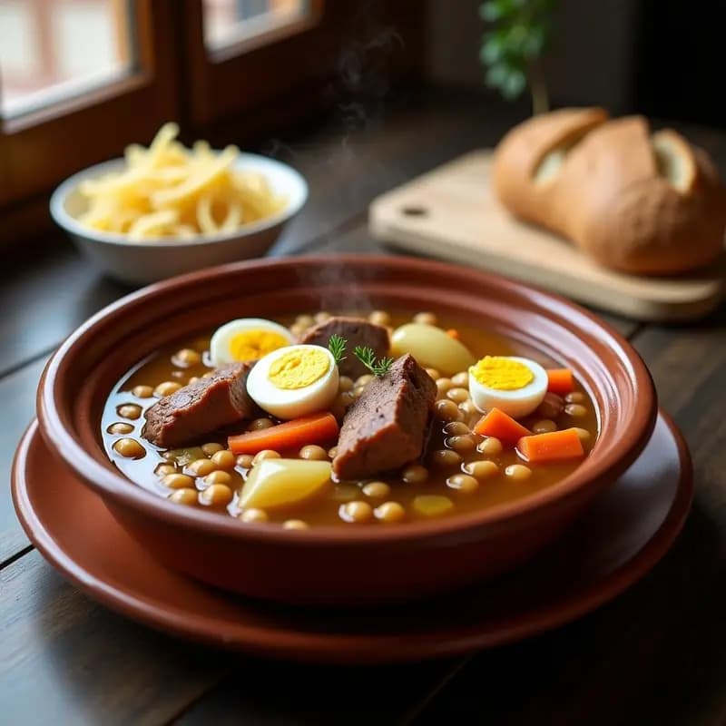 Plato hondo de barro con puchero andaluz: trozos de ternera, costillas de cerdo y pollo desmenuzado, garbanzos, patatas, zanahorias y repollo en un caldo dorado y espeso. Acompañado de fideos gruesos y servido con un chorro de aceite de oliva.