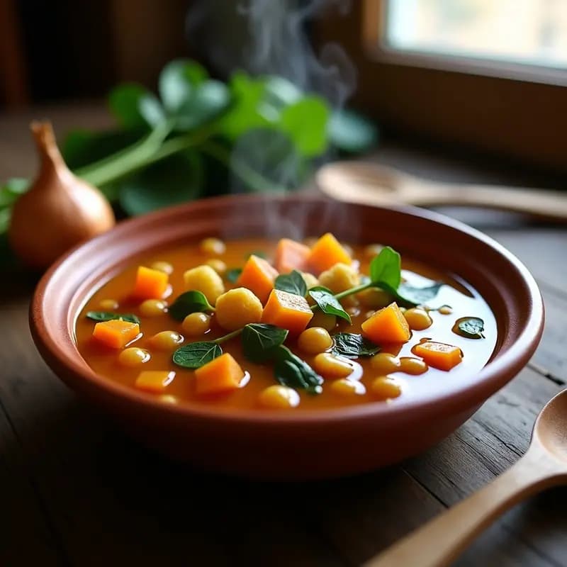 Olla de barro humeante con puchero andaluz vegano, lleno de garbanzos, patatas, calabaza, zanahorias y espinacas en un caldo dorado. Plato tradicional adaptado a dieta vegana, servido en cuenco rústico sobre mesa de madera.