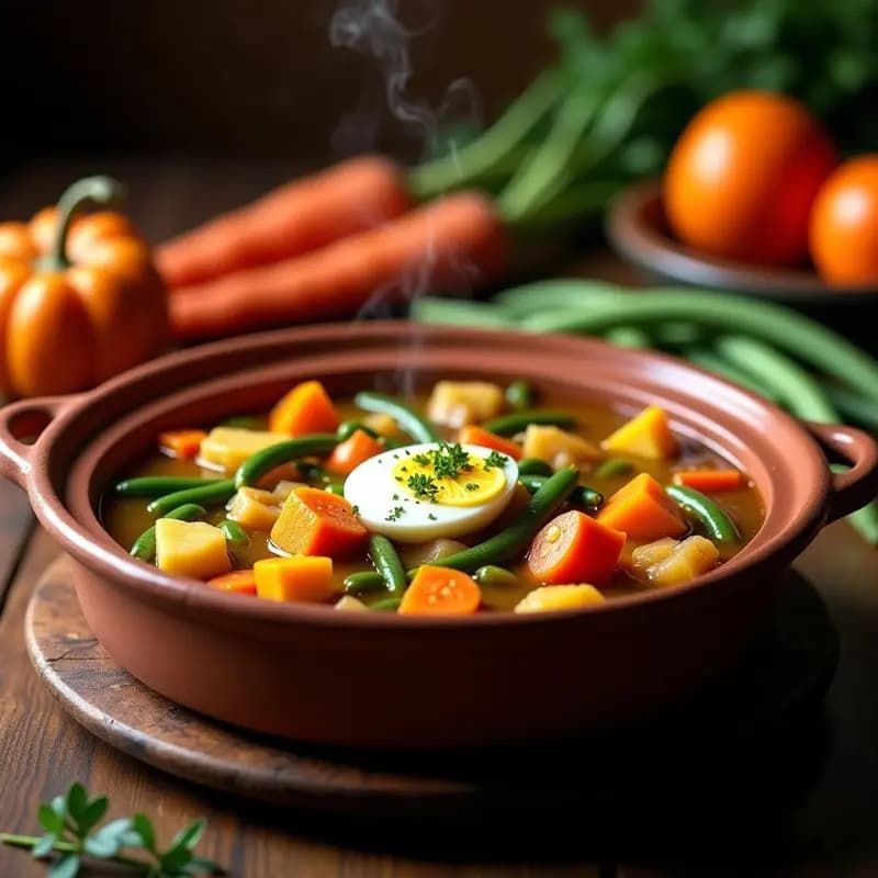 Olla de barro humeante con Puchero Andaluz Light, lleno de trozos de calabaza, zanahoria, patata, judías verdes y pollo, servido en un plato hondo rústico con un huevo duro picado por encima. Fondo de cocina tradicional andaluza.