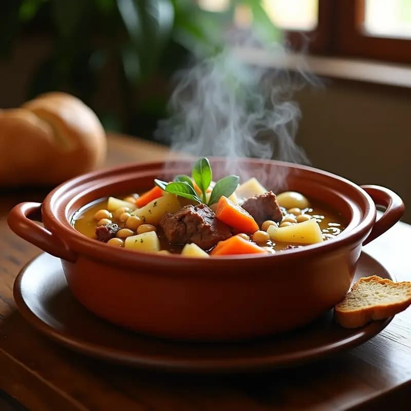 Olla de barro humeante con Puchero Anduz, cocido gitano andaluz, lleno de trozos de carne de cerdo, ternera, chorizo, garbanzos, patatas, zanahorias y repollo, bañado en un caldo dorado y espeso. Plato tradicional español servido en fuente rústica con pan al lado.