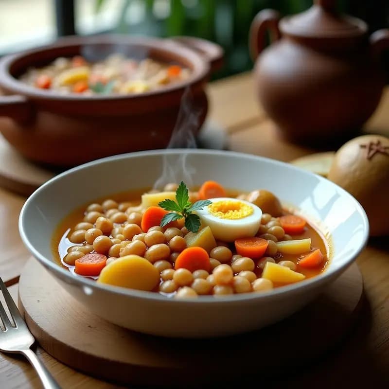Olla grande de barro con Puchero Anduzlo humeante, lleno de garbanzos, patatas, zanahorias y repollo, servido en plato hondo con huevo duro y fideos. Receta tradicional andaluza para días fríos.