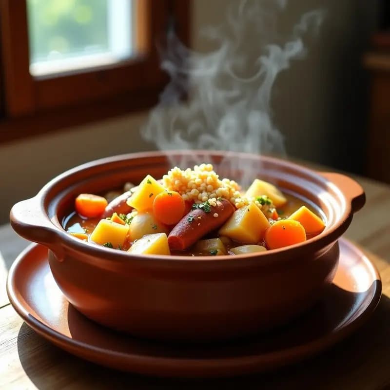 Olla de barro humeante con puchero canario tradicional, lleno de garbanzos, batata, patatas, zanahoria, repollo y trozos de chorizo, espolvoreado con gofio tostado. Plato reconfortante de invierno.