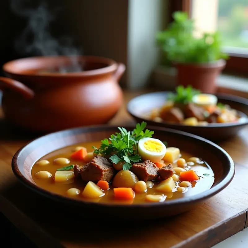 Olla de barro humeante con puchero canario: trozos de carne de cerdo, garbanzos, papas, zanahorias y berros verdes en un caldo dorado. Plato hondo con huevo duro cortado por la mitad y berros frescos como decoración.