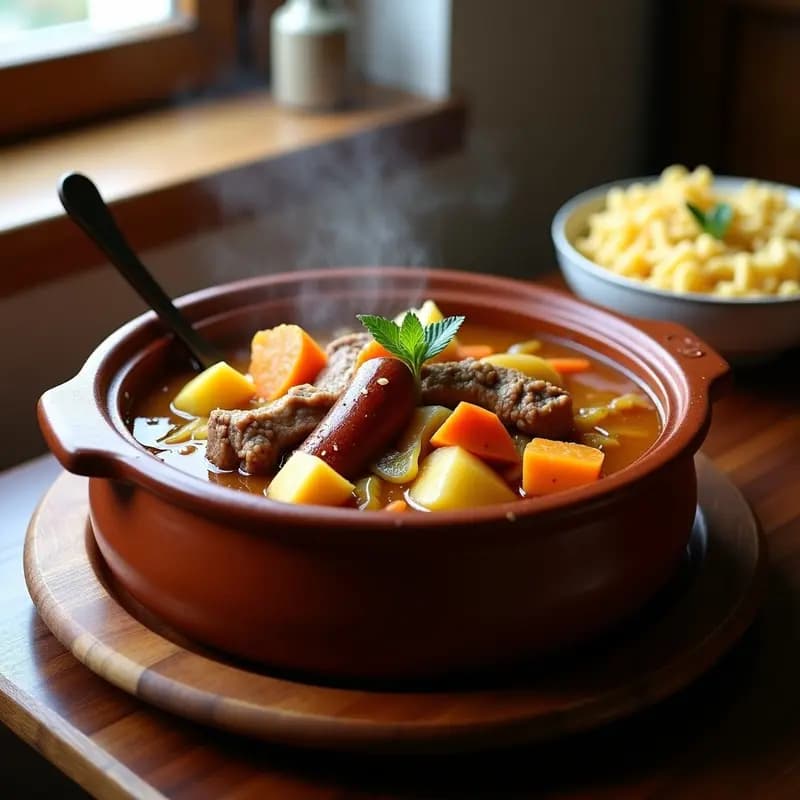 Olla grande humeante con Puchero Canario tradicional, repleta de trozos de carne de cerdo, chorizo, patatas, calabaza y zanahorias en un caldo dorado y espeso. Plato servido en cuenco de barro con fideos gruesos.