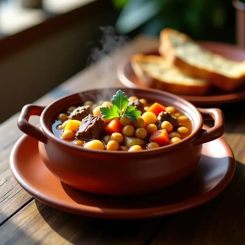Olla de barro humeante con Puchero Canario con Falda y Garbanzos, trozos de carne tierna, garbanzos dorados, patatas y zanahorias en un caldo espeso. Plato tradicional canario servido en cuenco rústico con pan tostado al lado.