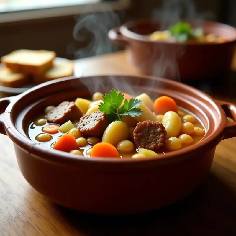 Olla lenta rebosante de puchero canario con garbanzos, costillas de cerdo, trozos de batata, papa y zanahoria, espolvoreado con gofio. Plato tradicional de cuchara con caldo espeso y toque isleño.