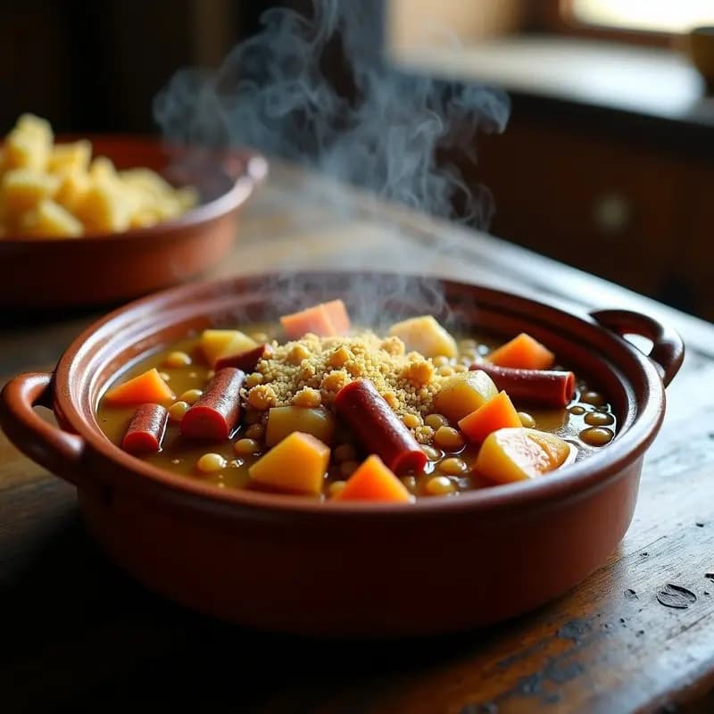 Olla de barro humeante con Puchero Canario con Gofio, lleno de trozos de carne, garbanzos, patatas, zanahorias y calabaza, espolvoreado con gofio y huevo duro picado. Plato tradicional canario reconfortante.