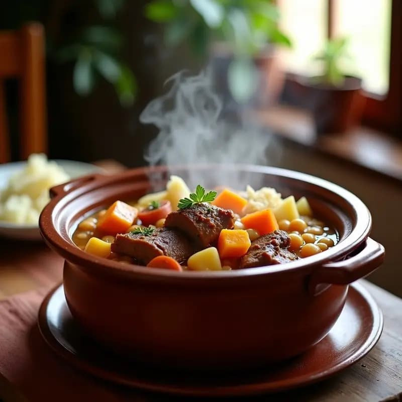 Olla lenta con puchero canario humeante, lleno de garbanzos, trozos de carne de cerdo y ternera, chorizo, patatas, calabaza asada, zanahoria y repollo. Plato tradicional de las Islas Canarias con colores vibrantes y textura reconfortante.