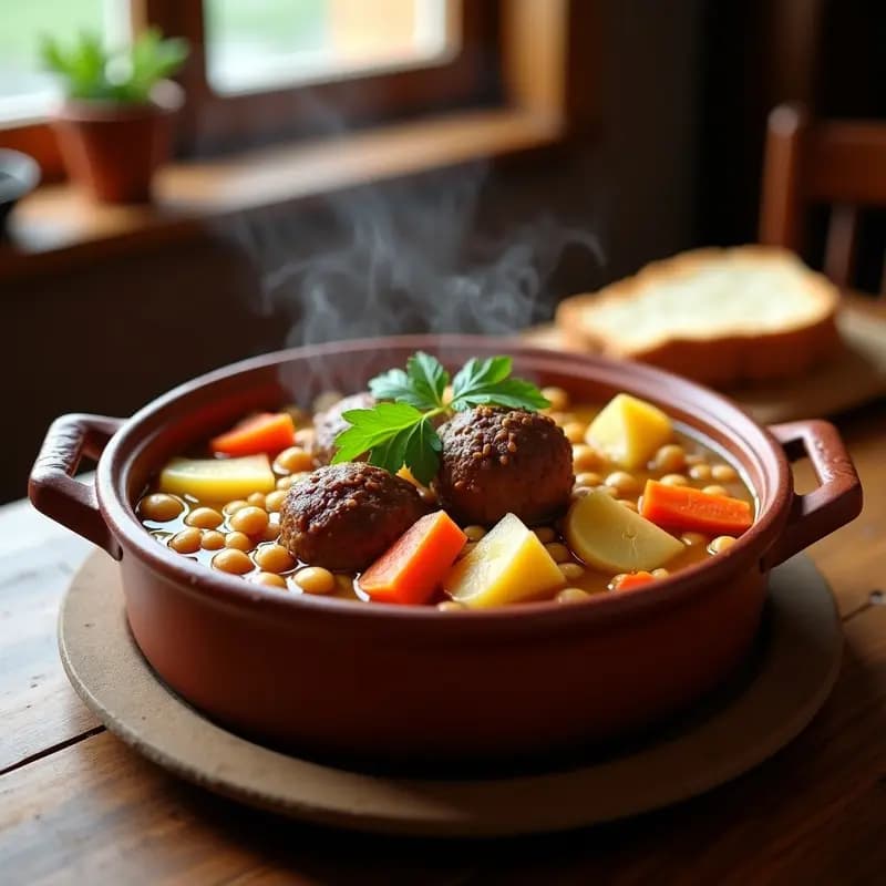 Olla grande de barro con puchero catalán con pilota, albóndiga de carne jugosa, garbanzos, patatas, zanahorias y fideos gruesos en un caldo dorado. Plato tradicional de invierno reconfortante.