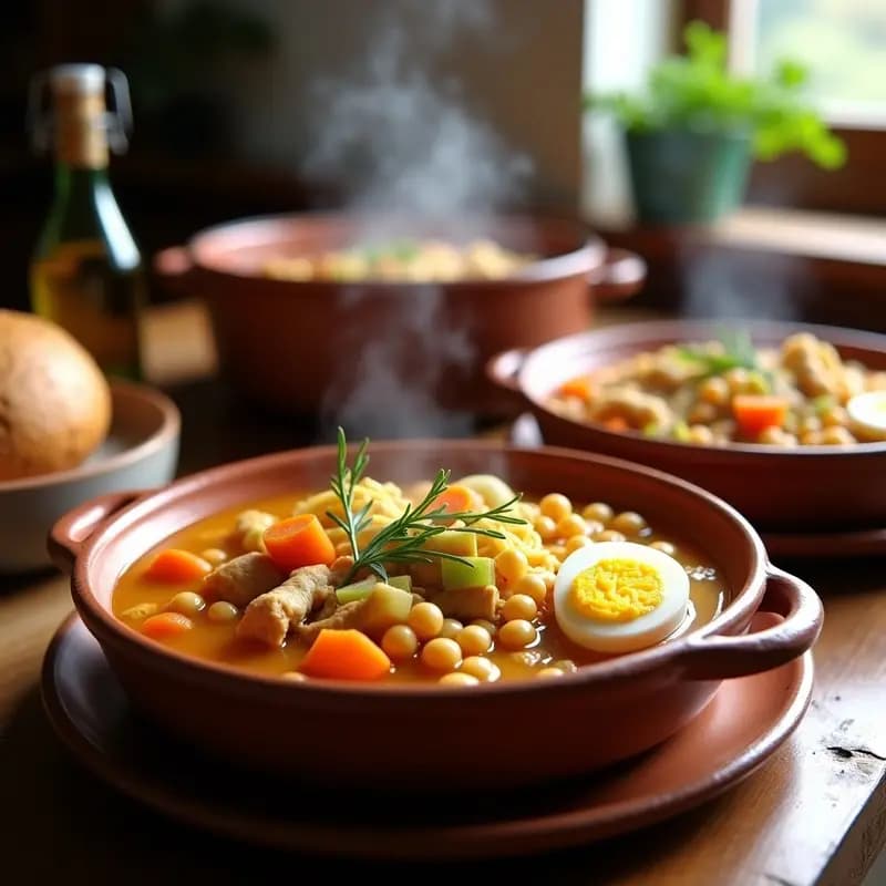 Olla de barro humeante con puchero de garbanzos, fideos gruesos, trozos de pollo y verduras, servido en cuencos de cerámica con huevo duro al lado. Receta tradicional de invierno para compartir.