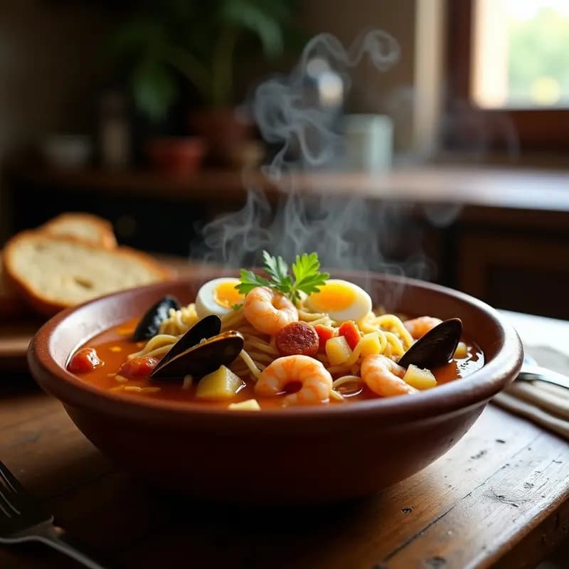 Olla humeante de Puchero Gitano con Fideos: Cocido Andaluz con Toque de Mariscos, lleno de fideos gruesos, garbanzos, gambas, mejillones y calamares, servido en plato hondo de barro con perejil fresco.
