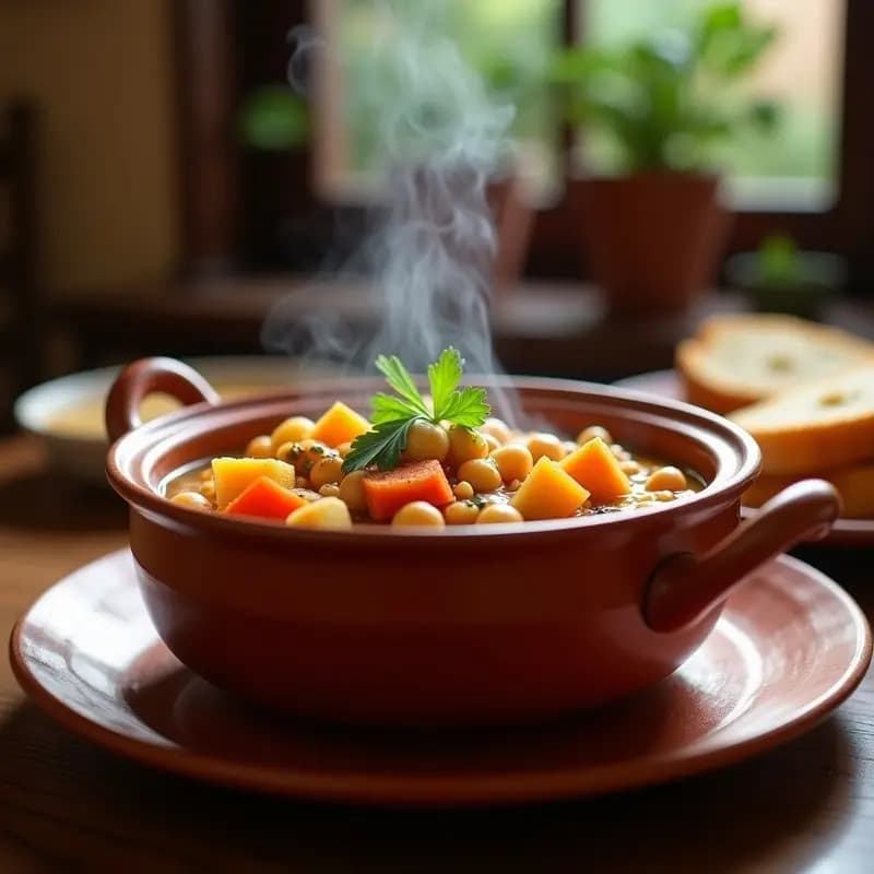 Olla de barro humeante con Puchero Gitano de garbanzos y calabaza, trozos de patata, zanahoria y fideos gruesos en un caldo espeso y aromático, servido en cuenco de cerámica rústico.