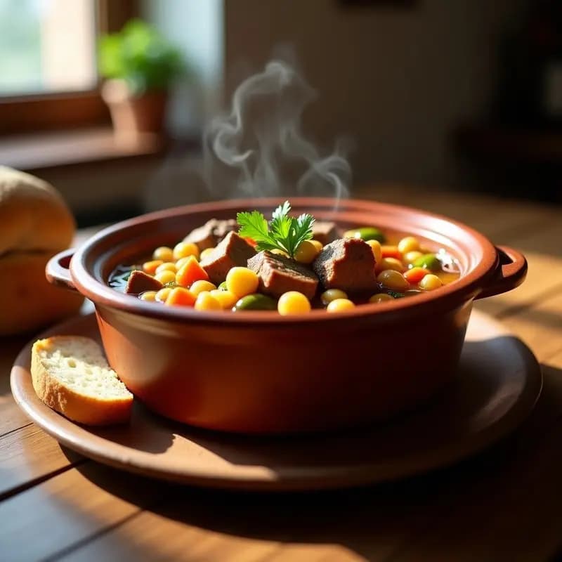 Olla de barro humeante con puchero gitano sevillano: garbanzos dorados, costillas de cerdo tiernas, patatas y verduras en un caldo espeso y aromático, servido en plato hondo rústico.