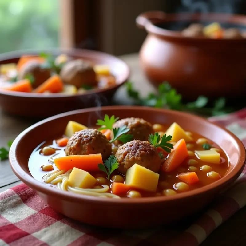 Olla de barro humeante con puchero granadino tradicional, albóndigas de carne doradas, garbanzos, zanahorias y patatas en un caldo espeso, servido en un plato hondo rústico con fideos finos y perejil fresco.