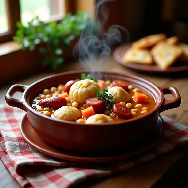 Olla de barro humeante con puchero de invierno, garbanzos, verduras, trozos de carne y pelotas de pan doradas flotando en un caldo espeso. Plato tradicional español de cuchara para días fríos.