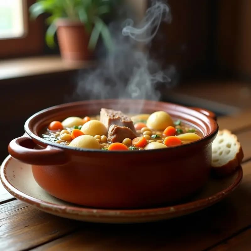 Olla de barro humeante con puchero de invierno murciano: pelotas de harina doradas, garbanzos, trozos de costilla de cerdo, zanahorias, patatas y repollo en un caldo espeso y aromático, servido en un plato hondo de cerámica rústica.