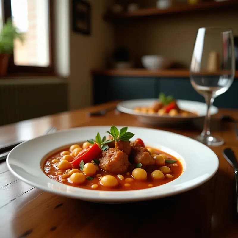 Olla de barro humeante con puchero madrileño, garbanzos dorados, rodajas de morcilla de cebolla y trozos de repollo y patata en un caldo espeso y aromático, servido en platos hondos de cerámica.