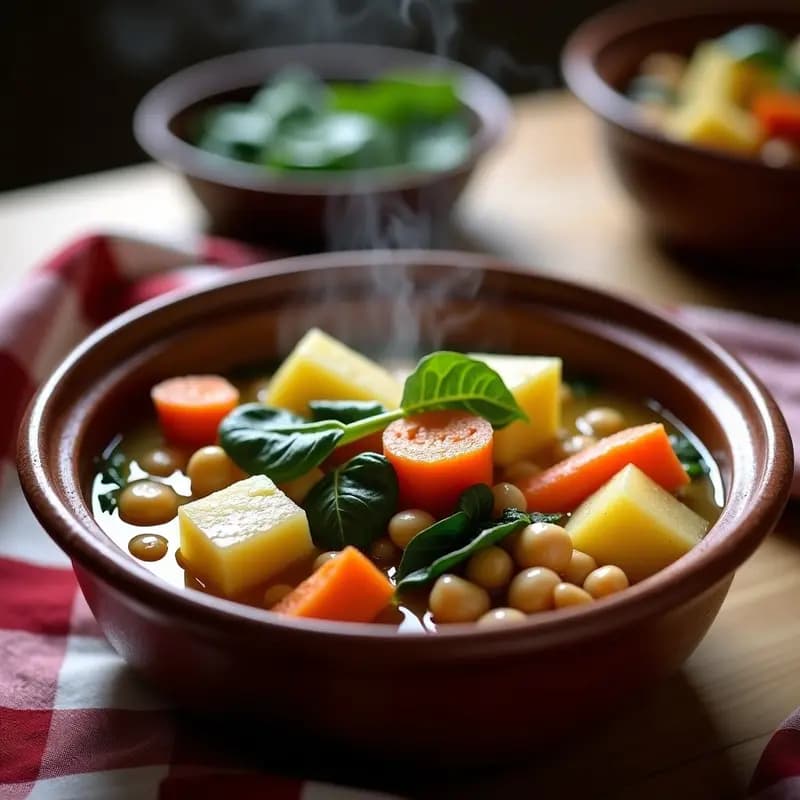 Olla humeante con Puchero Madrileño Vegetariano, lleno de garbanzos, patatas, zanahorias, repollo y fideos gruesos en un caldo dorado y aromático, servido en plato hondo de barro con un toque de aceite de oliva virgen extra.