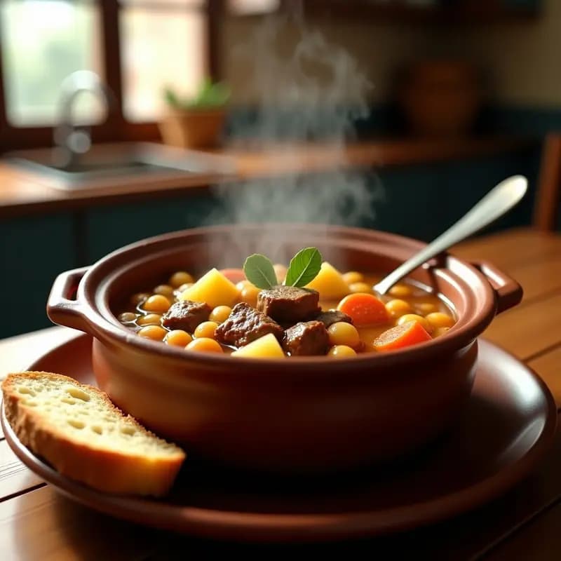 Olla de barro humeante con puchero manchego tradicional, llena de garbanzos, trozos de carne de ternera, zanahorias, patatas y repollo, bañados en un caldo espeso y dorado. Plato rústico de cuchara típico de La Mancha.