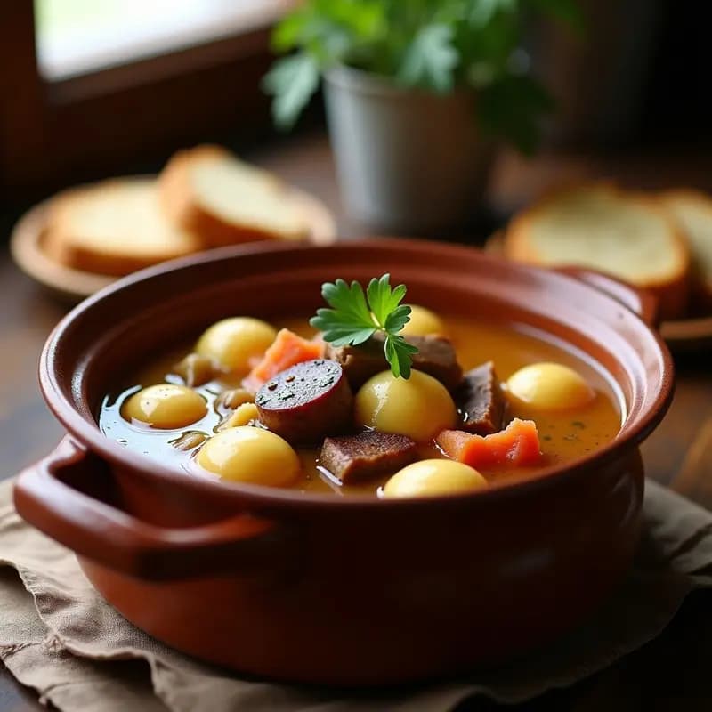 Olla de barro humeante con Puchero Manchego con Pelotas de Pan, caldo espeso y dorado, trozos de costilla, morcilla y pelotas de pan esponjosas, servido en cuenco de cerámica rústica sobre mesa de madera.