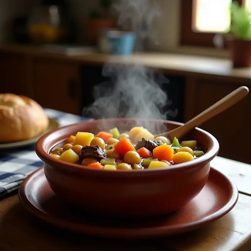 Olla de barro humeante con Puchero Maragato tradicional: garbanzos dorados, trozos de falda de ternera, zanahorias, patatas y repollo en un caldo espeso, servido en plato hondo de cerámica rústica con cuchara de madera.