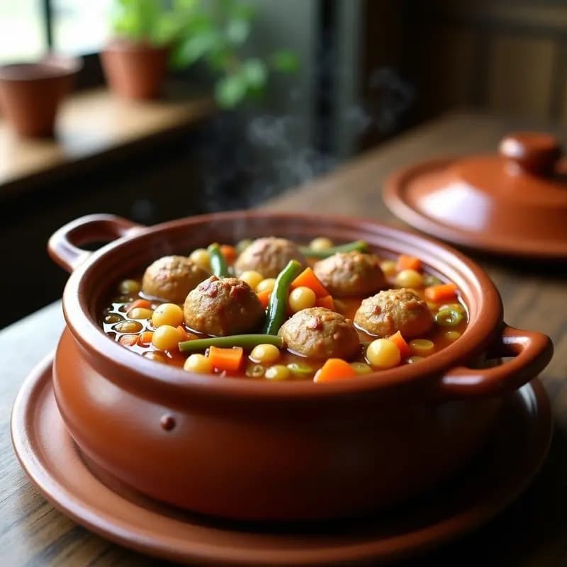 Olla de barro humeante con puchero murciano tradicional, pelotas de carne doradas, garbanzos, patatas, calabaza y judías verdes en un caldo espeso y aromático. Plato de cuchara casero y reconfortante.